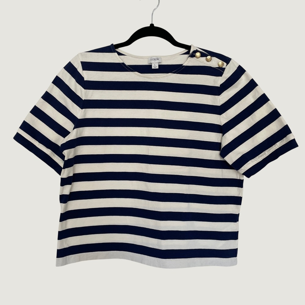 J.Crew T-Shirt Navy White Striped Gold Button Shoulder Nautical Classic Top Sz L